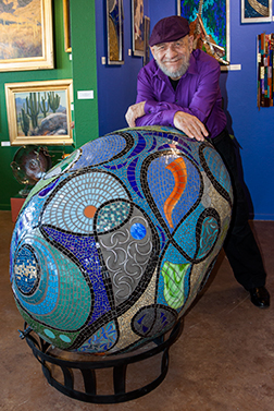 Mosaic rotating egg by Aureleo Rosano artist showing at Toscana Studio and Gallery Tucson AZ